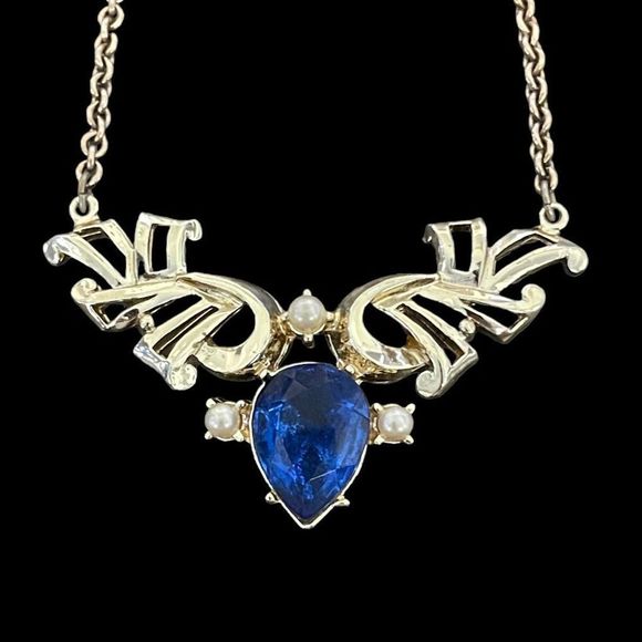 Vintage Royal Blue Rhinestone Faux Pearl Necklace Box Clasp - Picture 1 of 7